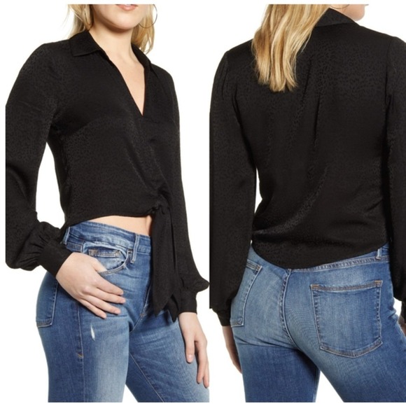 Good American Tops - GOOD AMERICAN Leopard Jacquard Tie Front Top Womens Medium 2 Black Long Sleeve